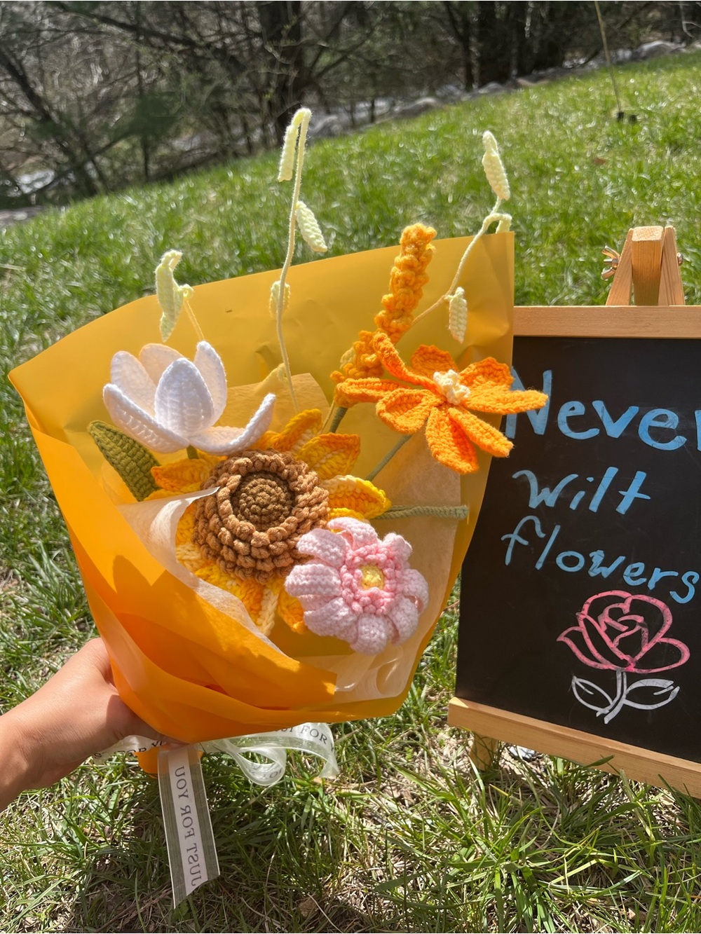 Handmade Crochet Flower Bouquet in Yellow, White & Pink